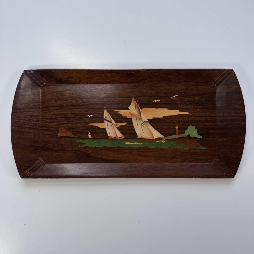 Vtg 1940s Hasko Haskelite Serving Tray Sailboat Nautical Scene Wood Lithograph